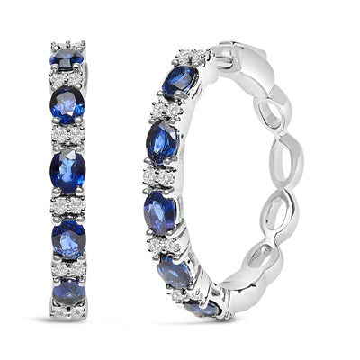 14K White Gold 4x3mm Oval Blue Sapphire and 1/4 Cttw Diamond Alternating Hoop Earring (I-J Color, SI2-I1 Clarity)-0
