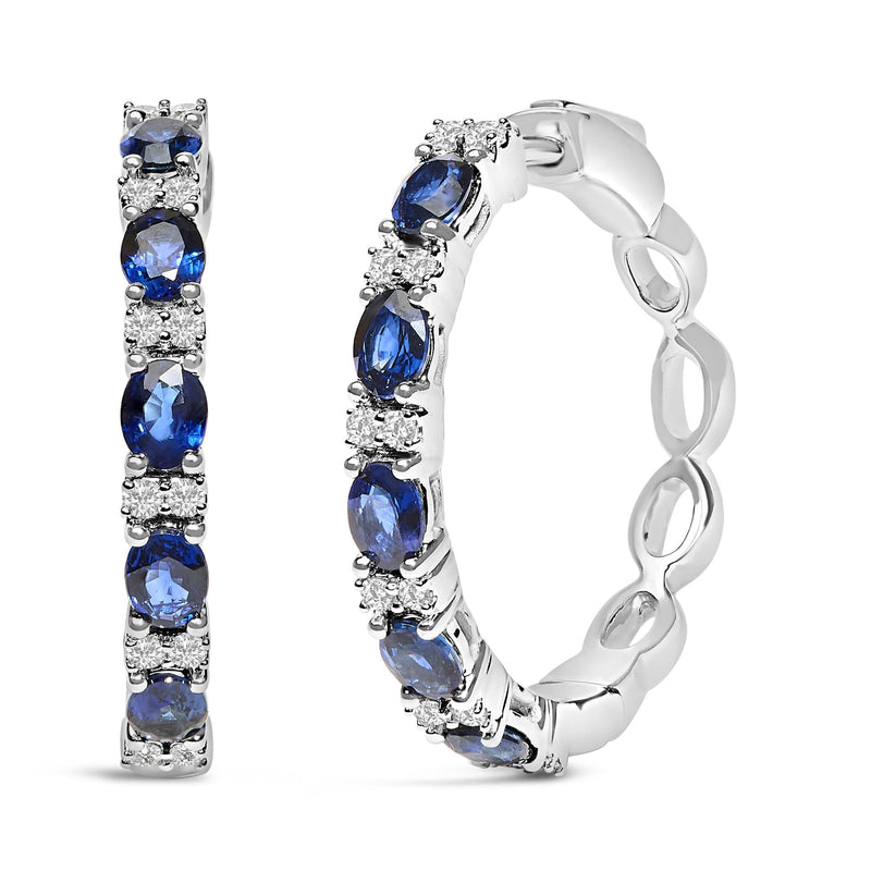 14K White Gold 4x3mm Oval Blue Sapphire and 1/4 Cttw Diamond Alternating Hoop Earring (I-J Color, SI2-I1 Clarity)-0
